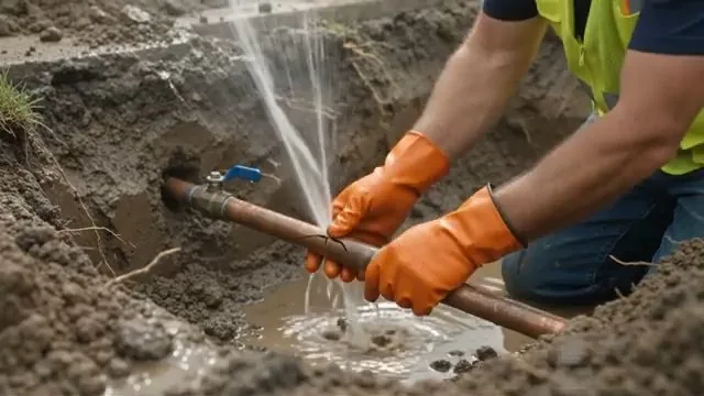 A person in orange gloves holding a copper pipe in a muddy trench while water sprays from a split in it.