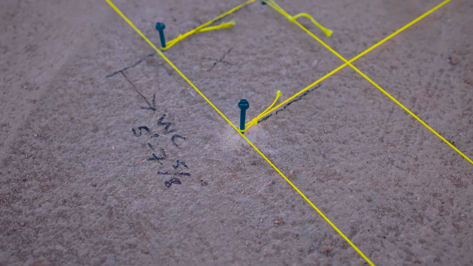 Carpet marked with yellow lines, pins and handwritten notes showing the route of a pipe underneath.