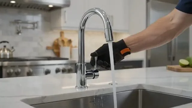 A gloved hand on a chrome kitchen faucet handle while water runs from the spout into a white sink.