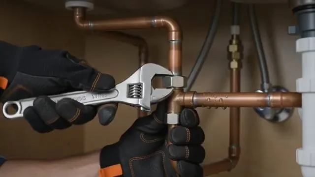 Gloved hands tightening a copper pipe fitting with an adjustable wrench in the cabinet under a bathroom sink.