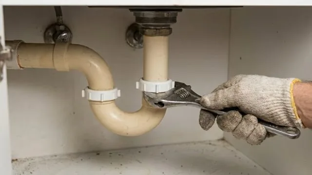 A hand in a work glove turning a wrench on the P-trap under a sink.
