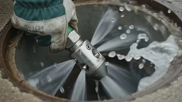 A gloved hand holding a jetting nozzle with water spraying outward in several directions inside a round drain opening.