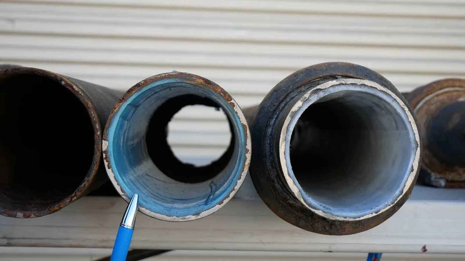 Cut cross-sections of old iron pipe, one with a blue liner fitted inside, with a pen pointing at the lining.