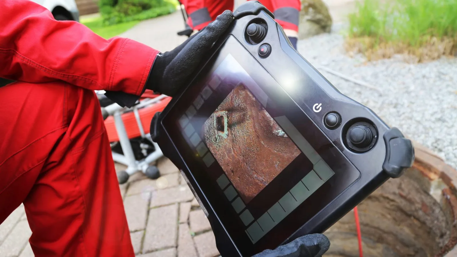 A person in red coveralls holding a rugged tablet that shows a pipe camera image, beside a manhole on a brick paver walk.