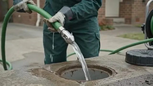 A technician in green coveralls holding a hose with a spray nozzle over an open yard cleanout, water streaming into it.